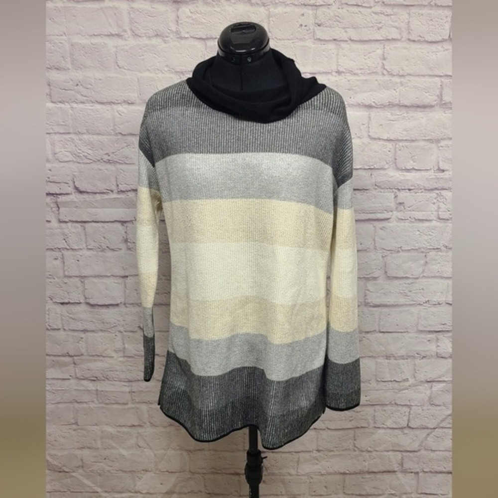 Talbots Cream and Gray Striped Cowl Neck Sweater